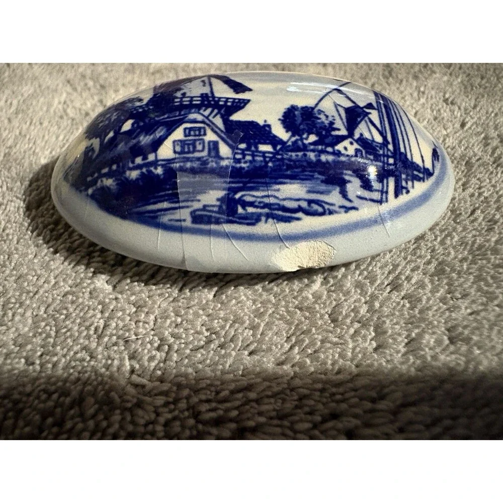 Vintage Delft Blue Nautical Windmill Trinket Jewelry Box Ceramic Holland W Chip